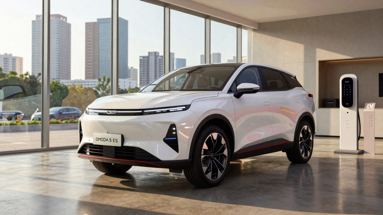 Carro elétrico branco Omoda 5 ES em showroom moderno com carregador elétrico ao lado.