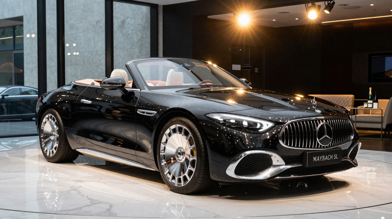 Carro conversível preto Mercedes-Benz Maybach SL em exposição com interior bege em ambiente moderno.
