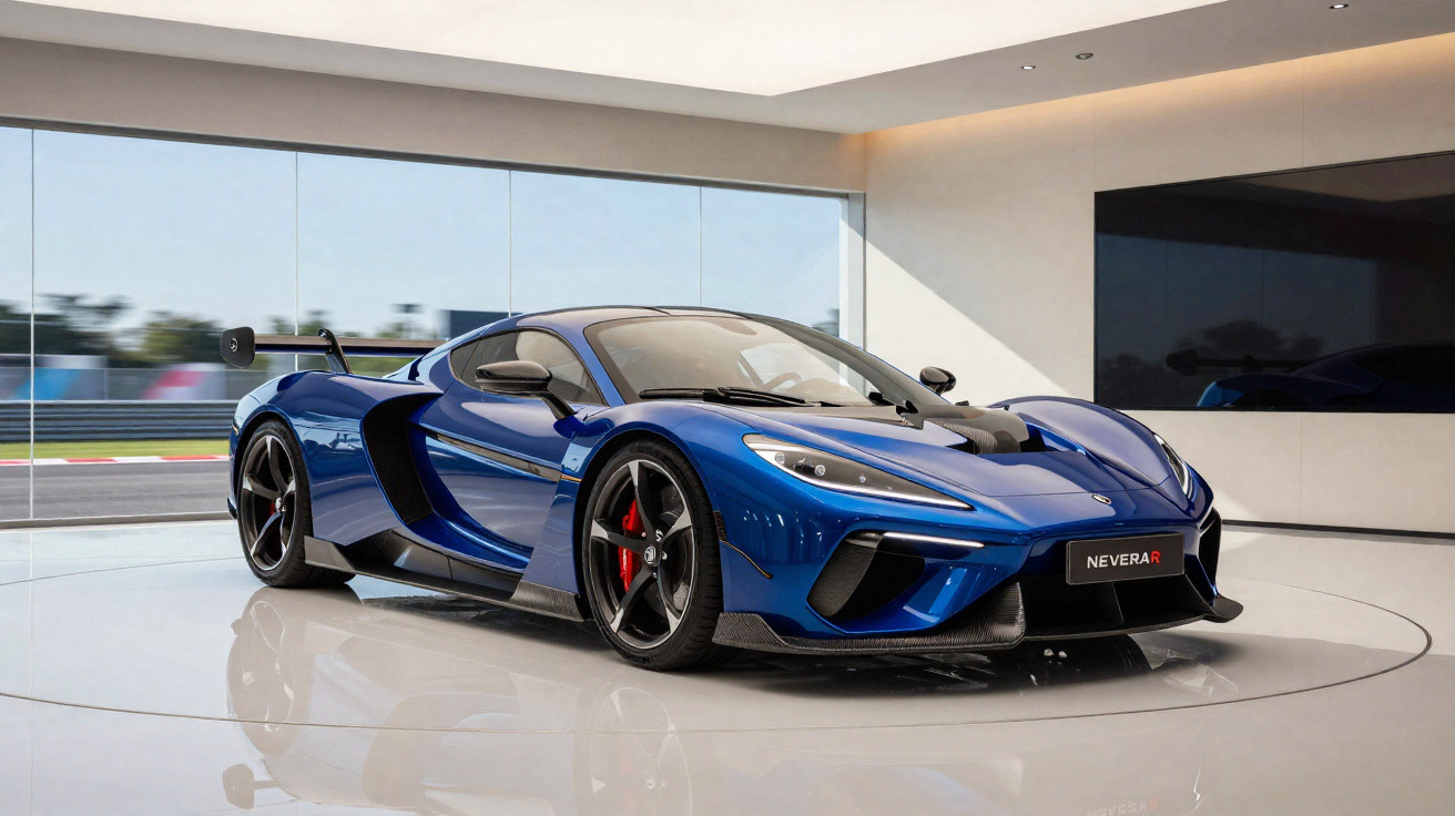 Carro esportivo azul metálico com detalhes em preto em showroom moderno com luz natural.