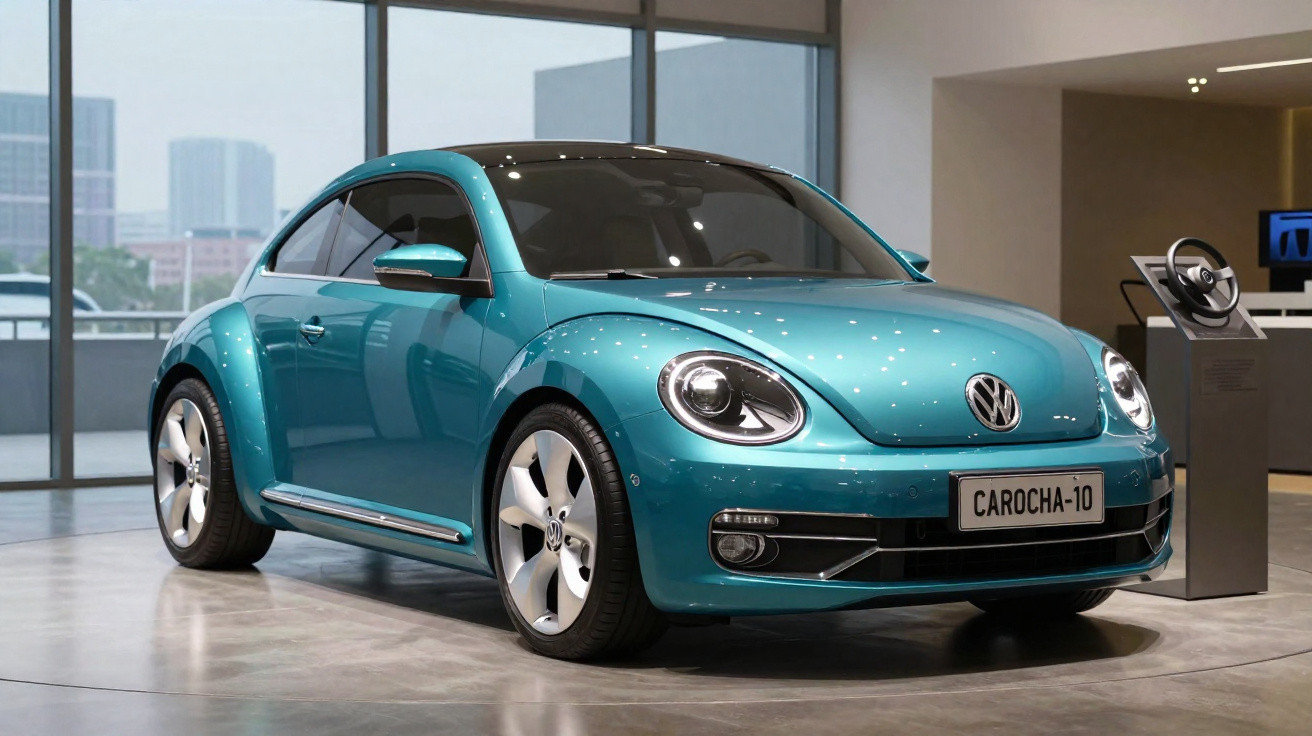 Carro Volkswagen Fusca azul metalizado exposto em showroom moderno com grandes janelas de vidro.