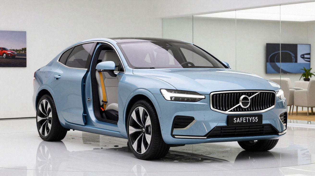Carro Volvo azul claro em ambiente interno, porta dianteira esquerda aberta mostrando interior bege.