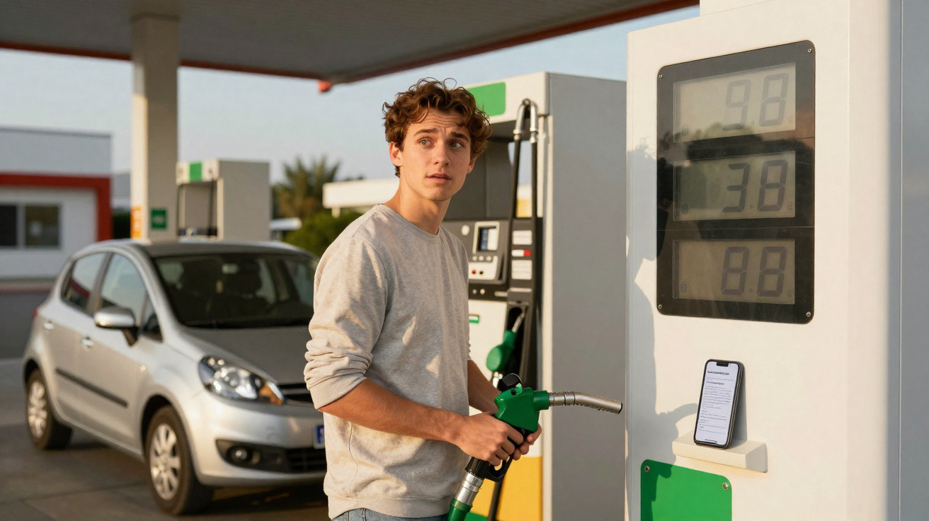 Jovem com camiseta cinza abastece carro prata em posto de gasolina sob luz do dia.