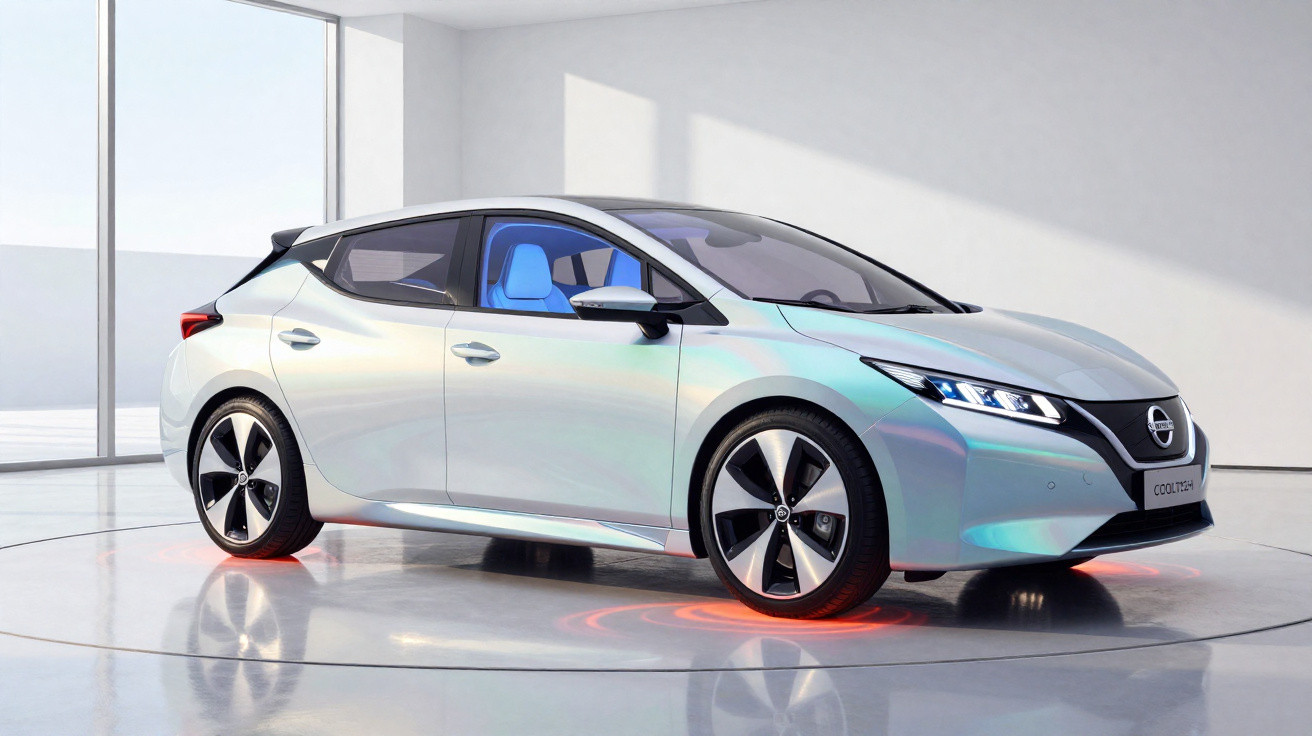 Carro elétrico prata Nissan Leaf em estúdio com iluminação refletida no chão.