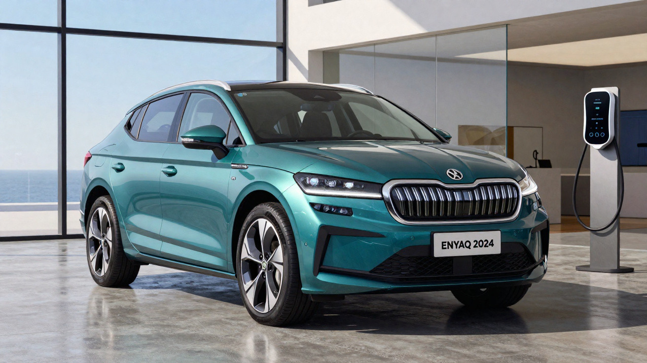 Carro elétrico verde azul Skoda ENYAQ 2024 estacionado em sala moderna com carregador elétrico à direita.