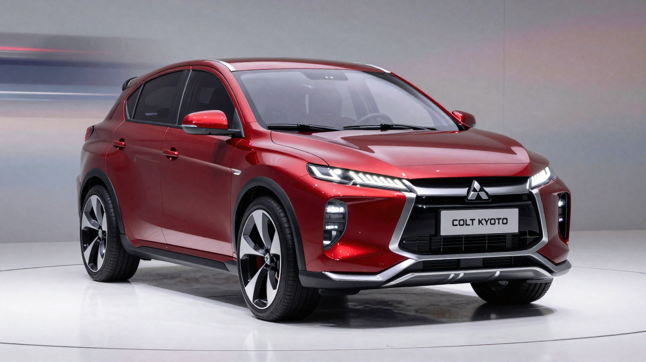 Carro Mitsubishi Colt Kyoto vermelho em estúdio com fundo cinza e iluminação suave.