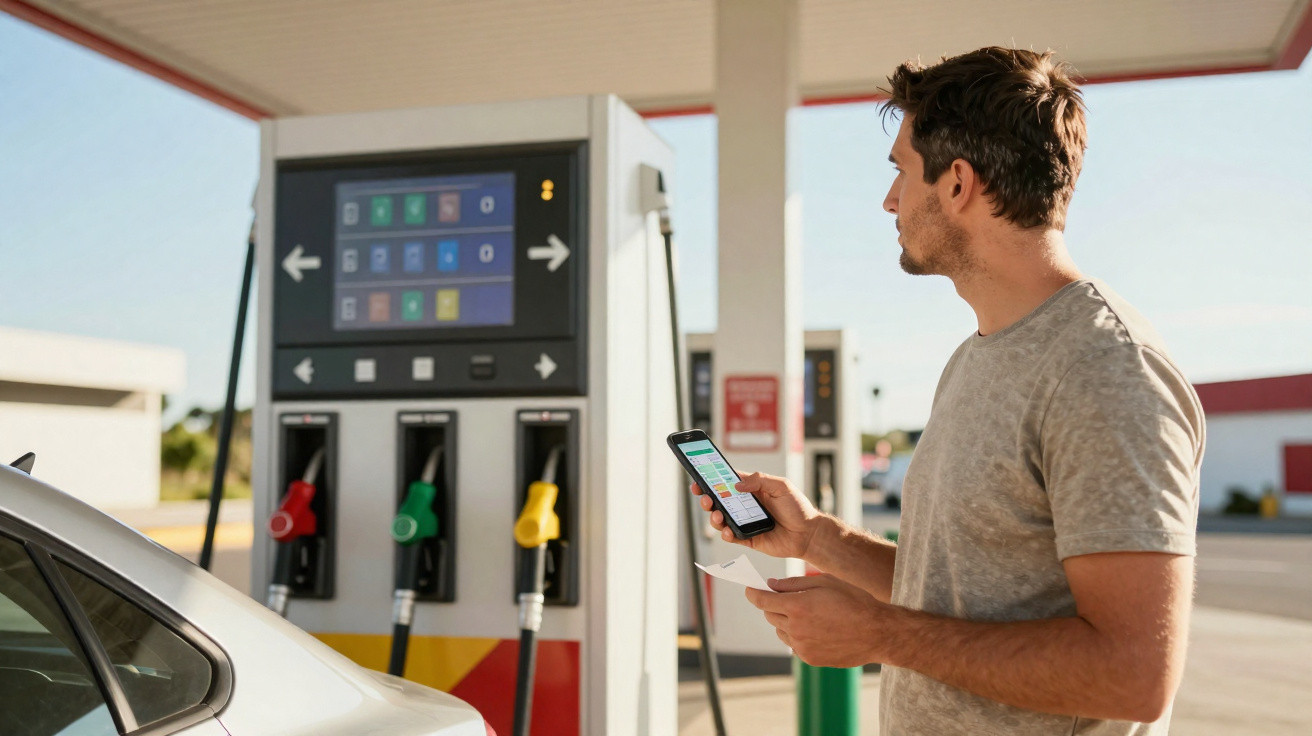 Homem em posto de gasolina usando celular enquanto abastece carro branco.