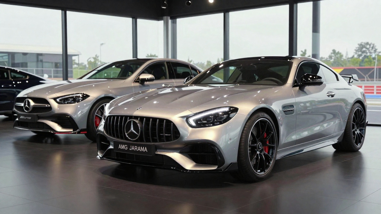 Dois carros Mercedes-Benz AMG cinza prateado em exposição dentro de showroom moderno com piso escuro.