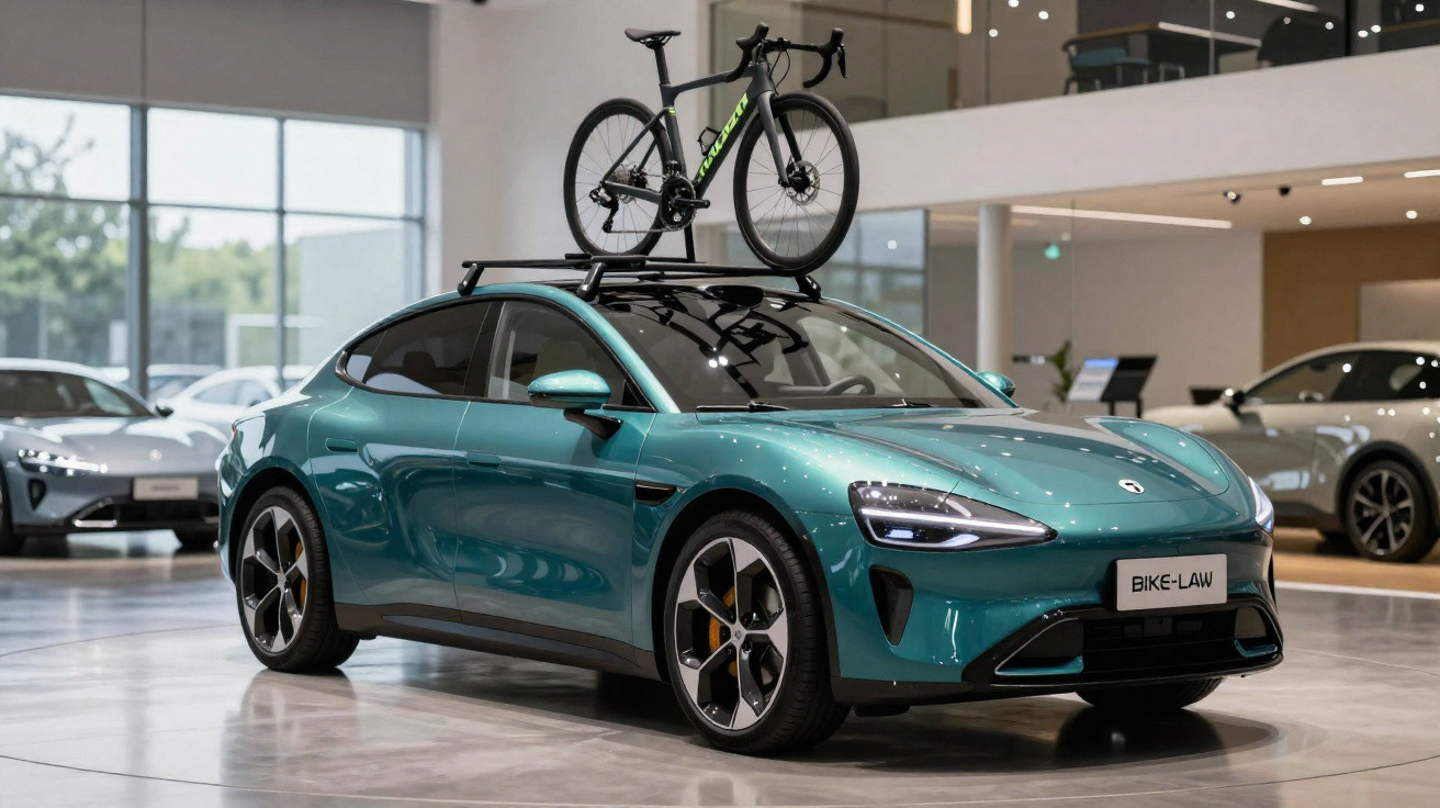 Carro elétrico azul com bicicleta presa no teto, exibido em showroom moderno e iluminado.