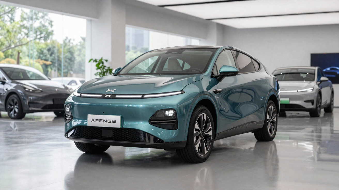 Carro elétrico XPeng G5 verde metálico exibido em showroom moderno com outros veículos ao fundo.