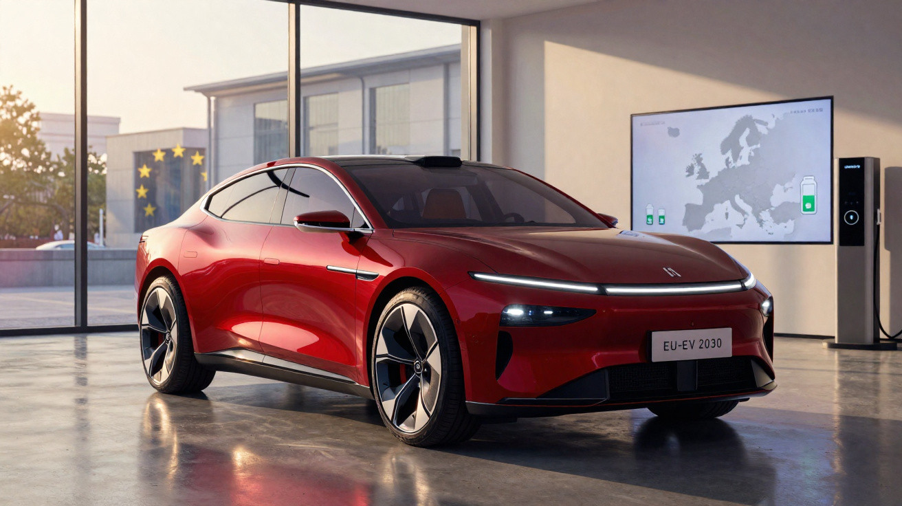 Carro elétrico esportivo vermelho estacionado em showroom moderno com tela e estação de recarga ao fundo.