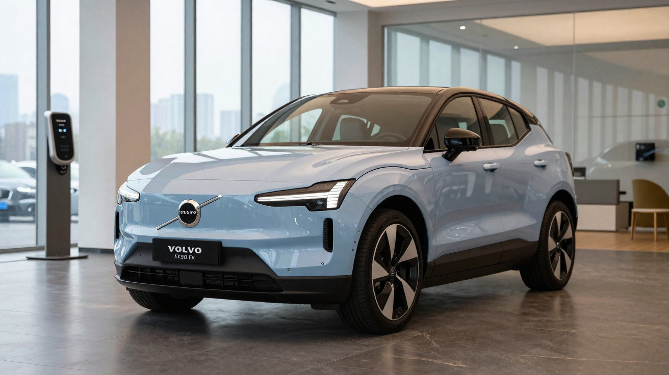 Carro elétrico Volvo EX30 EV azul claro em showroom moderno com estúdio claro e carregador ao fundo.