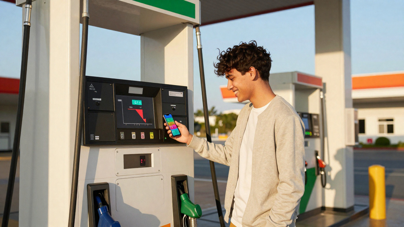 Jovem usando celular para pagar combustível em posto de gasolina ao ar livre em dia ensolarado.
