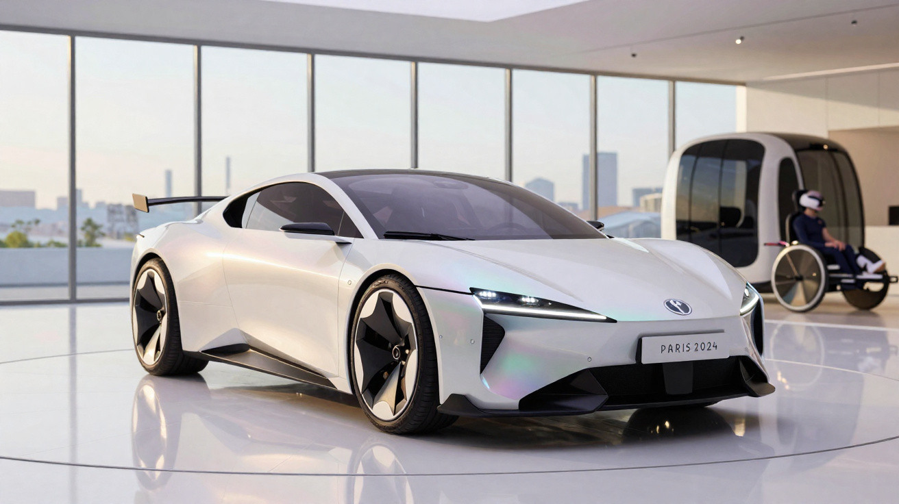 Carro esportivo branco elétrico futurista em showroom com grandes janelas e cadeirante ao fundo.