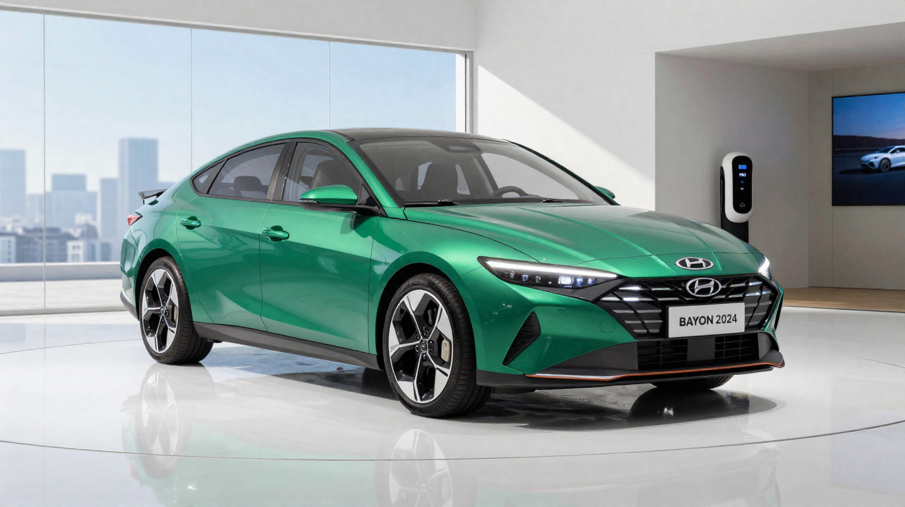 Carro Hyundai Bayon 2024 verde em showroom moderno com chão branco e parede de vidro ao fundo.