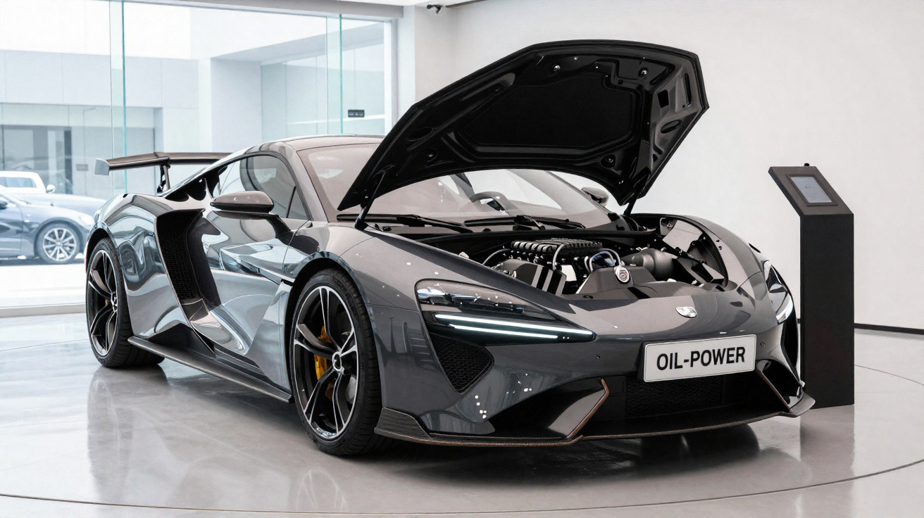 Carro esportivo cinza com capô aberto exibindo o motor em ambiente moderno de showroom.