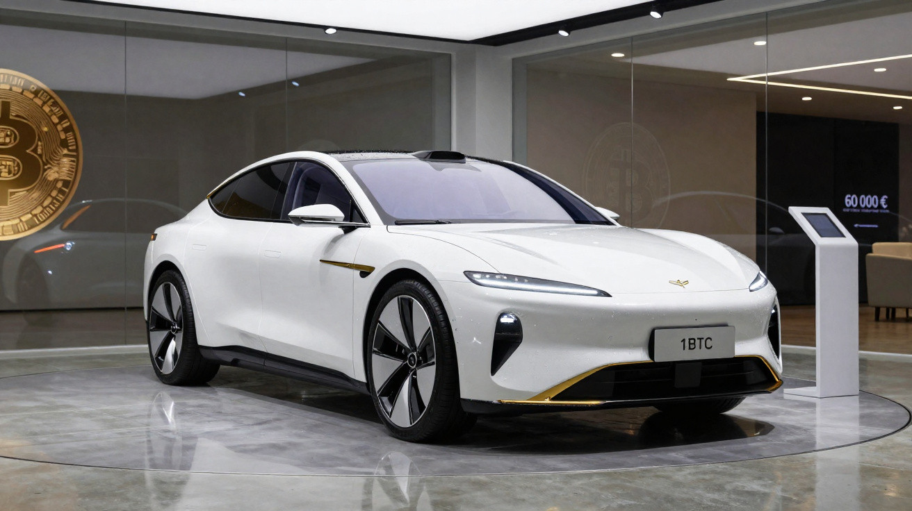 Carro elétrico branco futurista exibido em showroom moderno com refletor de luz no teto.