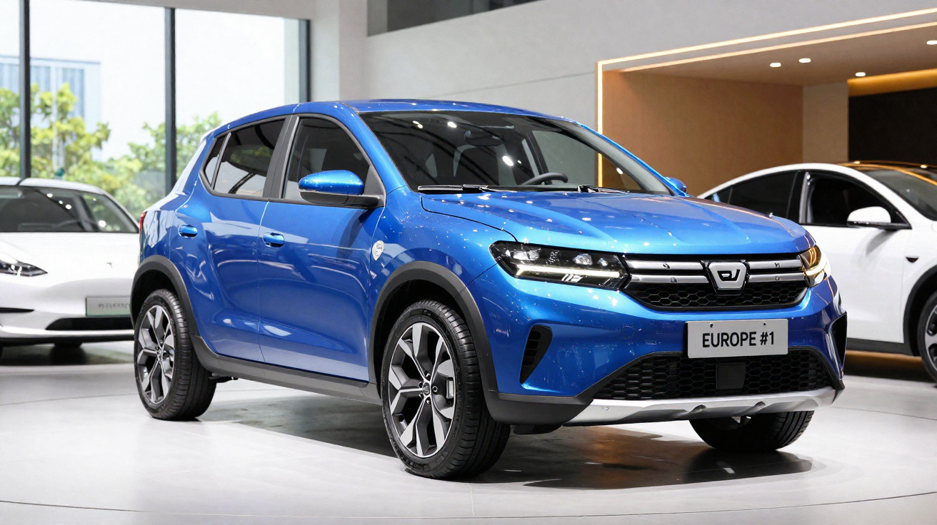 Carro SUV compacto azul em exposição dentro de showroom moderno com outros veículos ao fundo.