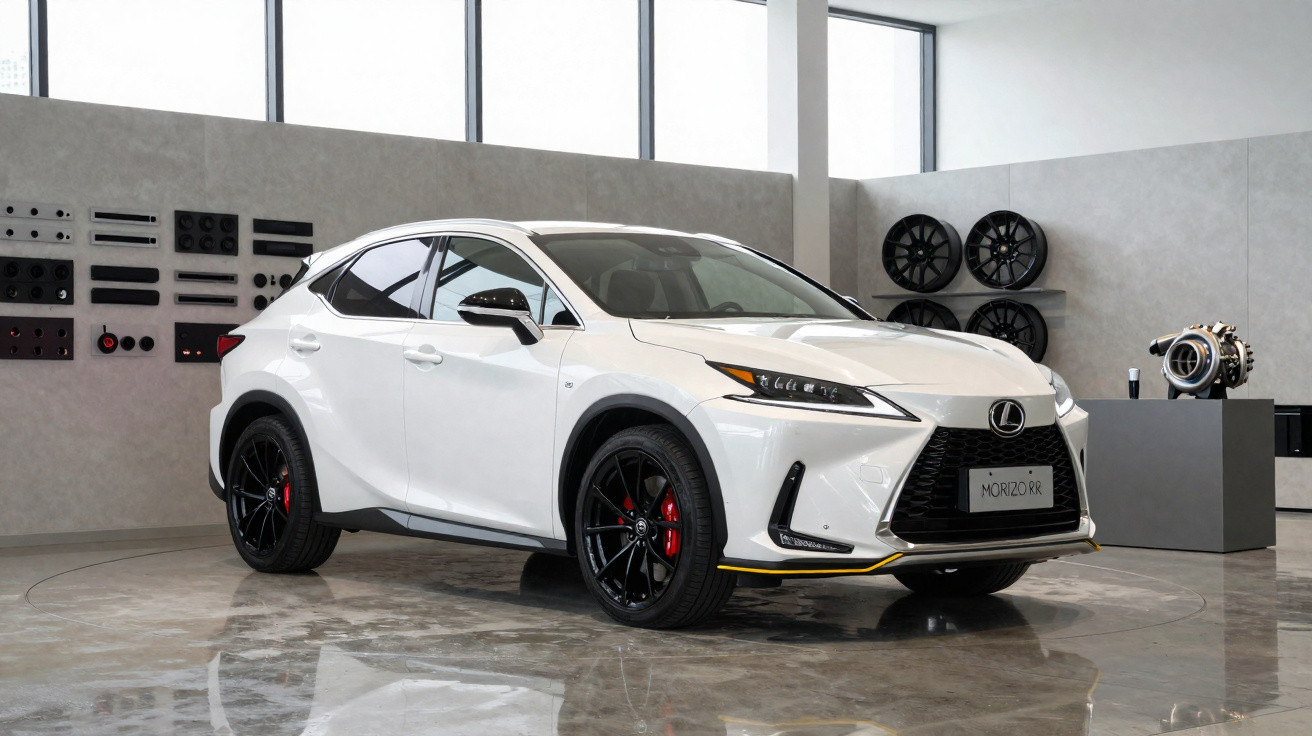 SUV Lexus NX branco em showroom com rodas pretas e detalhes amarelos no para-choque.
