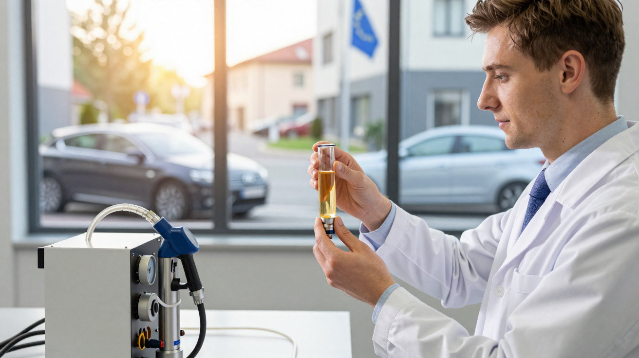 Homem com jaleco branco analisando líquido amarelo em tubo de ensaio em laboratório moderno.