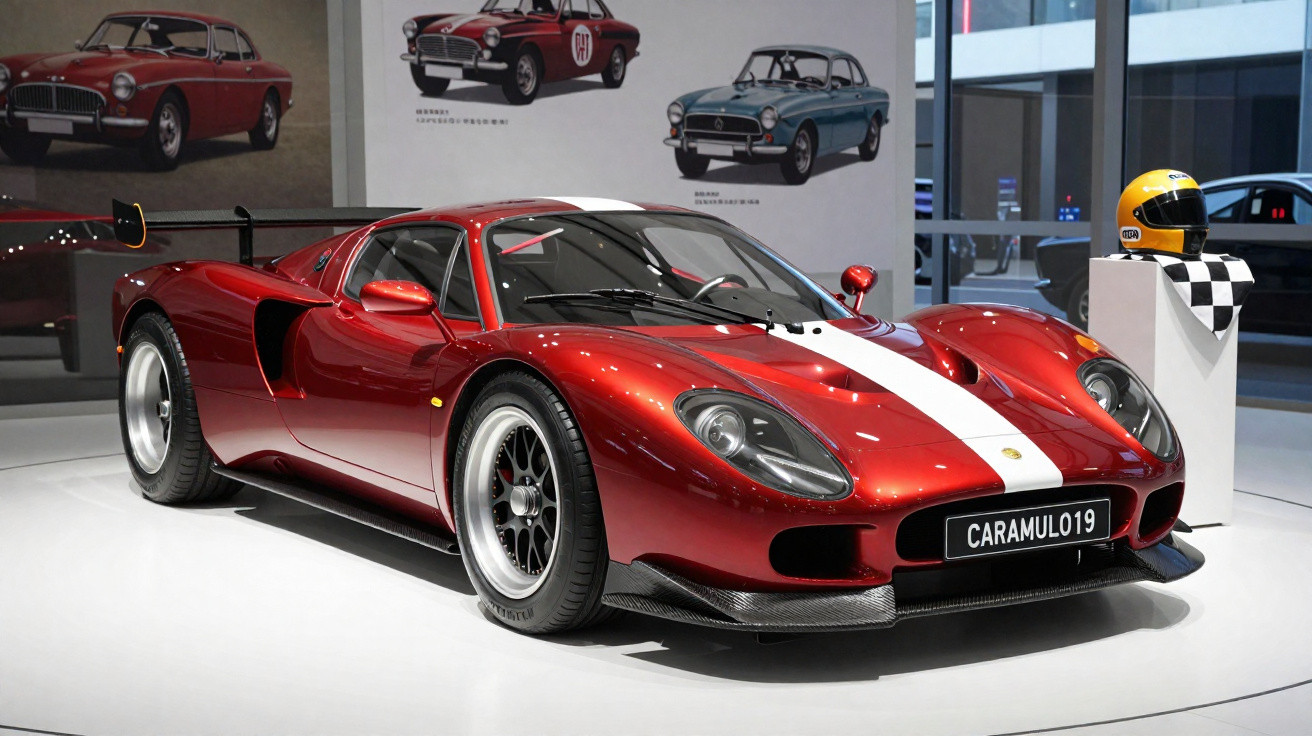 Carro esportivo vermelho com faixa branca no centro exposto em museu de automóveis.