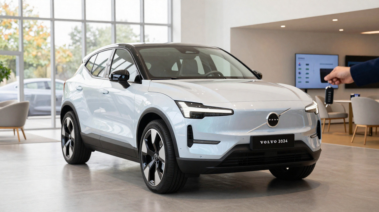 Carro Volvo 2024 branco exibido em showroom moderno com chave na mão de uma pessoa ao lado.