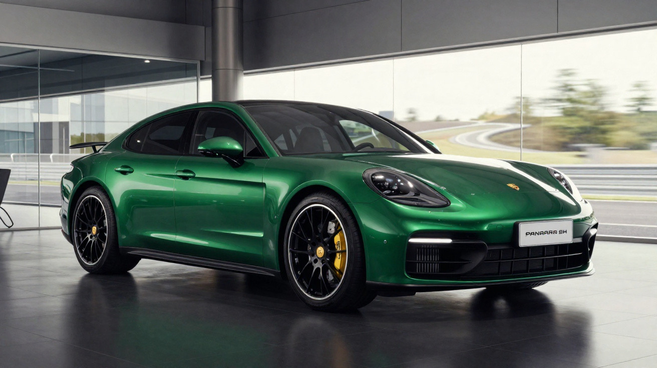 Carro esportivo Porsche Panamera 4H verde metálico em showroom moderno com rodas pretas e freios amarelos.