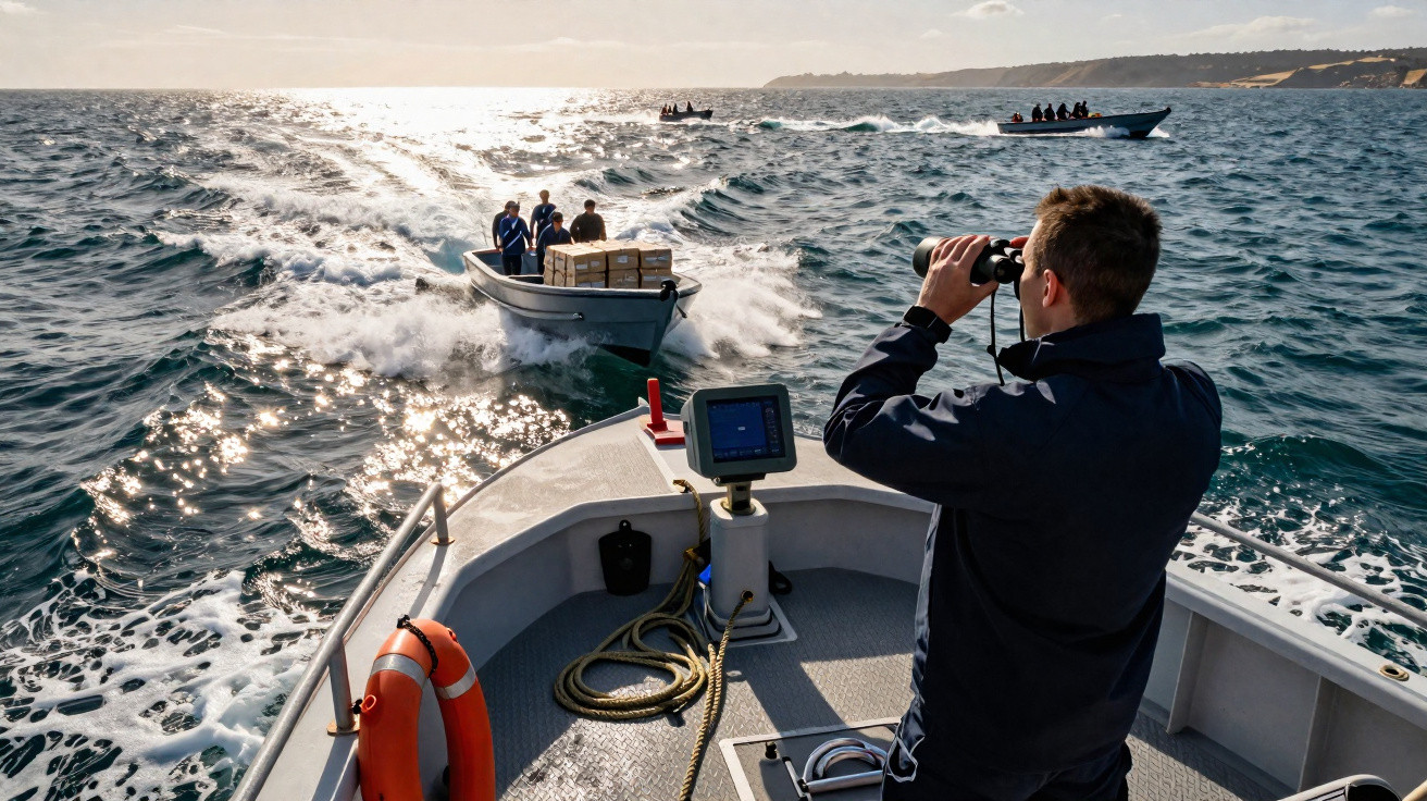 Pessoa em barco com binóculo observa outro barco chegando com caixas no mar agitado sob céu claro.