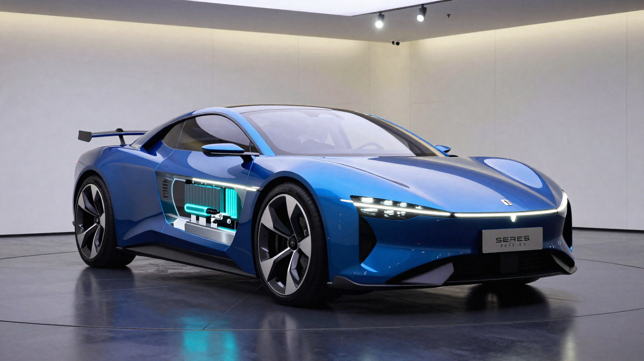 Carro esportivo azul elétrico em exposição, com destaque para bateria visível na lateral esquerda.