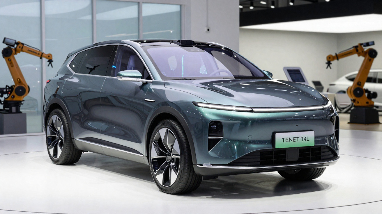 Carro elétrico cinza escuro modelo Tenet T4L exibido em salão com robôs industriais ao fundo.