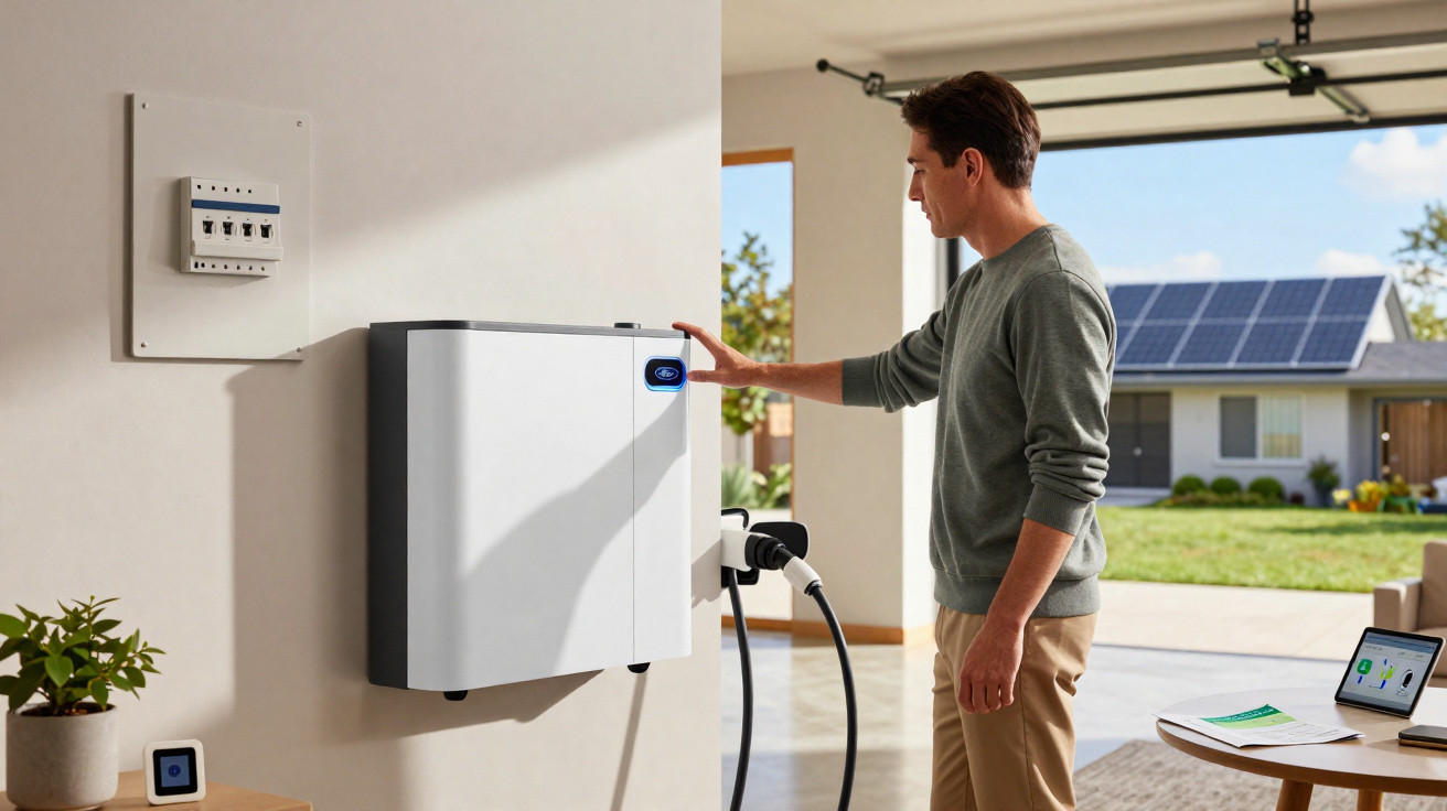 Homem usa estação de carregamento de veículo elétrico em garagem com painel solar visível ao fundo.
