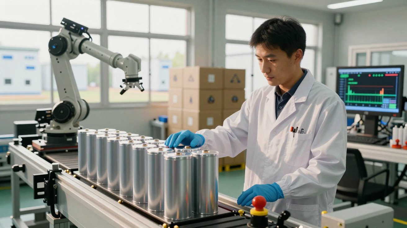 Homem com jaleco branco mexe em latas metálicas em linha de produção automatizada em fábrica moderna.