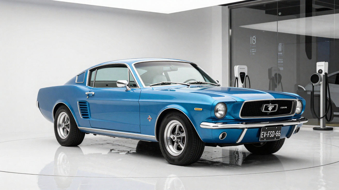 Carro clássico Mustang fastback azul estacionado em ambiente interno moderno e branco.