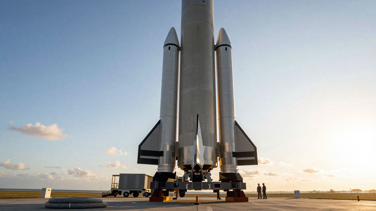 Foguete espacial branco em posição vertical na plataforma de lançamento ao pôr do sol, com duas pessoas próximas.