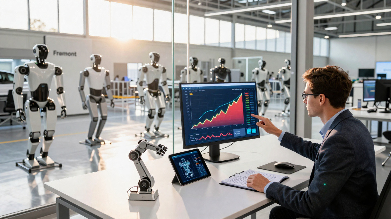 Homem analisando gráficos de crescimento em computador com robôs humanoides ao fundo em laboratório.