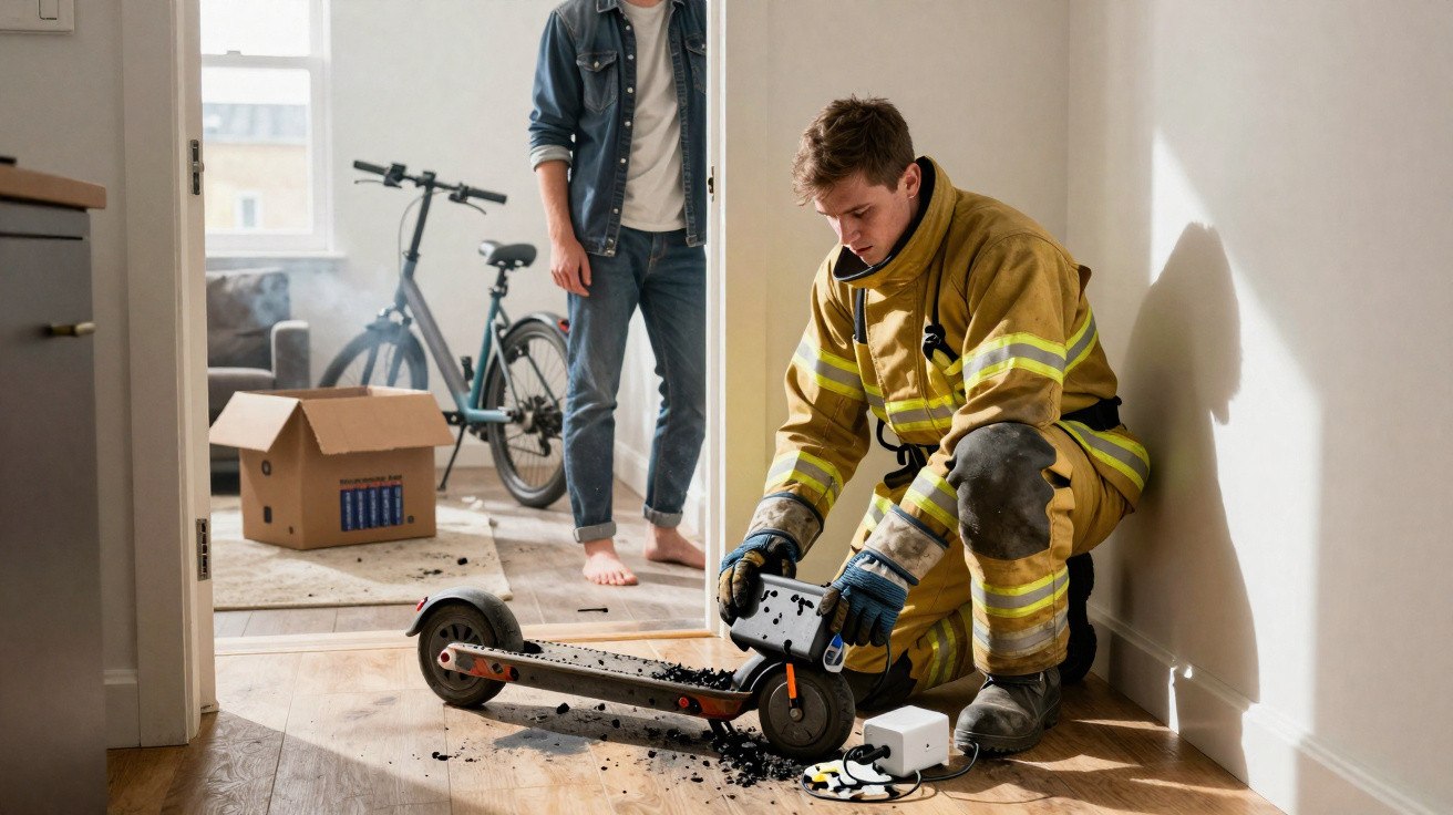 Bombeiro examinando patinete elétrico queimado dentro de apartamento enquanto homem observa ao fundo.