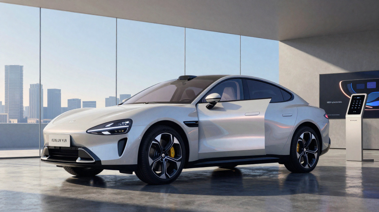 Carro elétrico branco estacionado em salão moderno com porta do motorista aberta e prédio ao fundo.