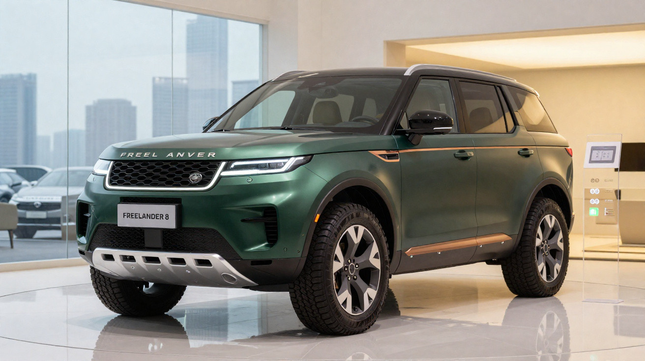 SUV verde metálico modelo Freelander 8 em exposição em ambiente interno moderno.