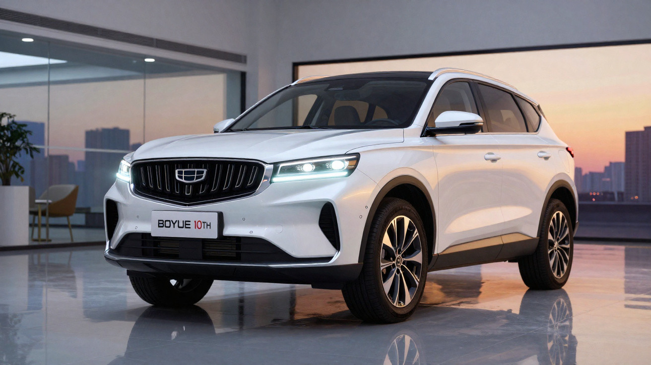SUV branco Geely Boyue 10th estacionado em ambiente interno moderno ao entardecer.