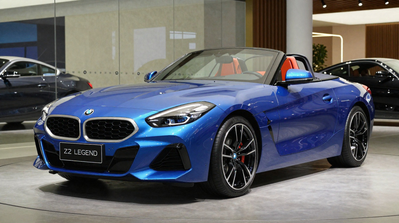 Carro esportivo conversível BMW Z2 Legend azul com interior vermelho em showroom luxuoso.