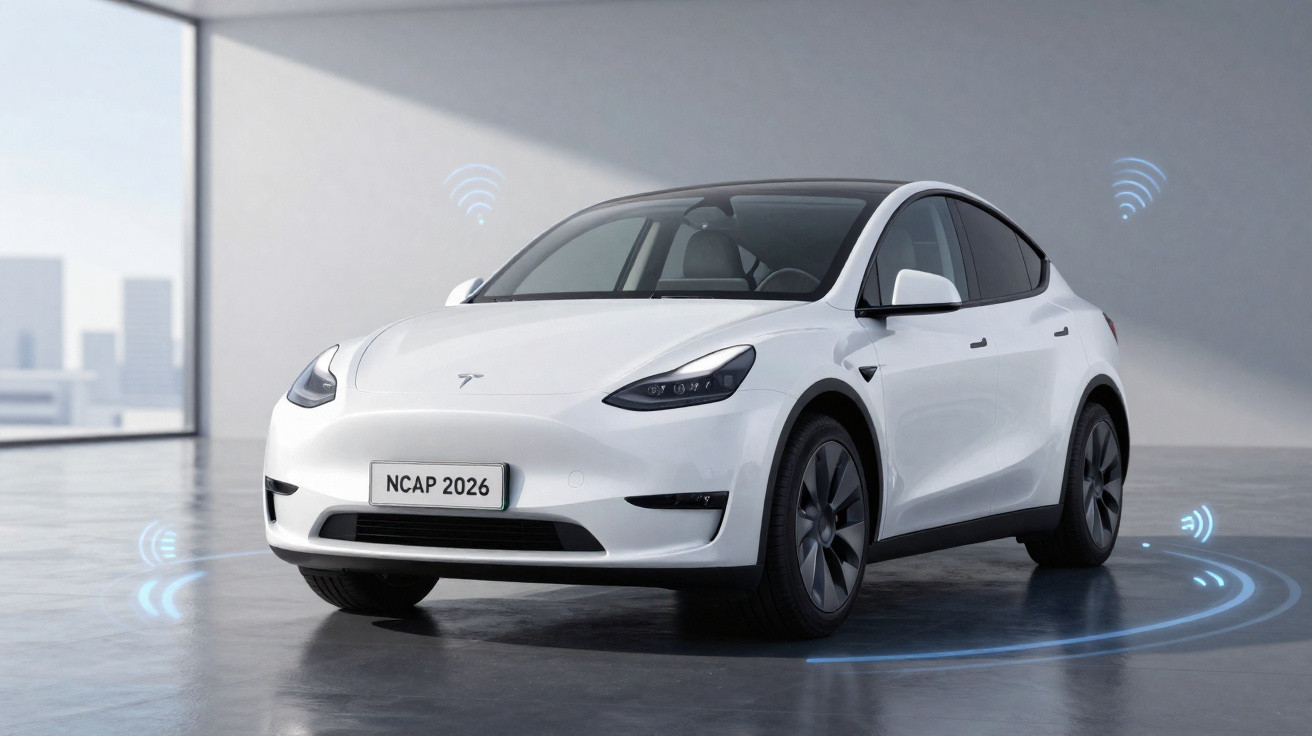 Carro elétrico branco Tesla em ambiente interno com ícones de conectividade ao redor.