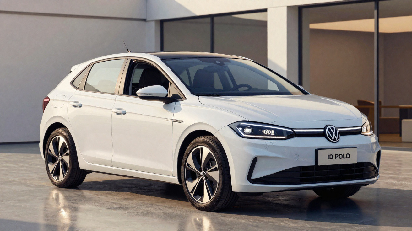 Carro branco Volkswagen ID Polo estacionado em área moderna com janelas grandes e piso refletivo.