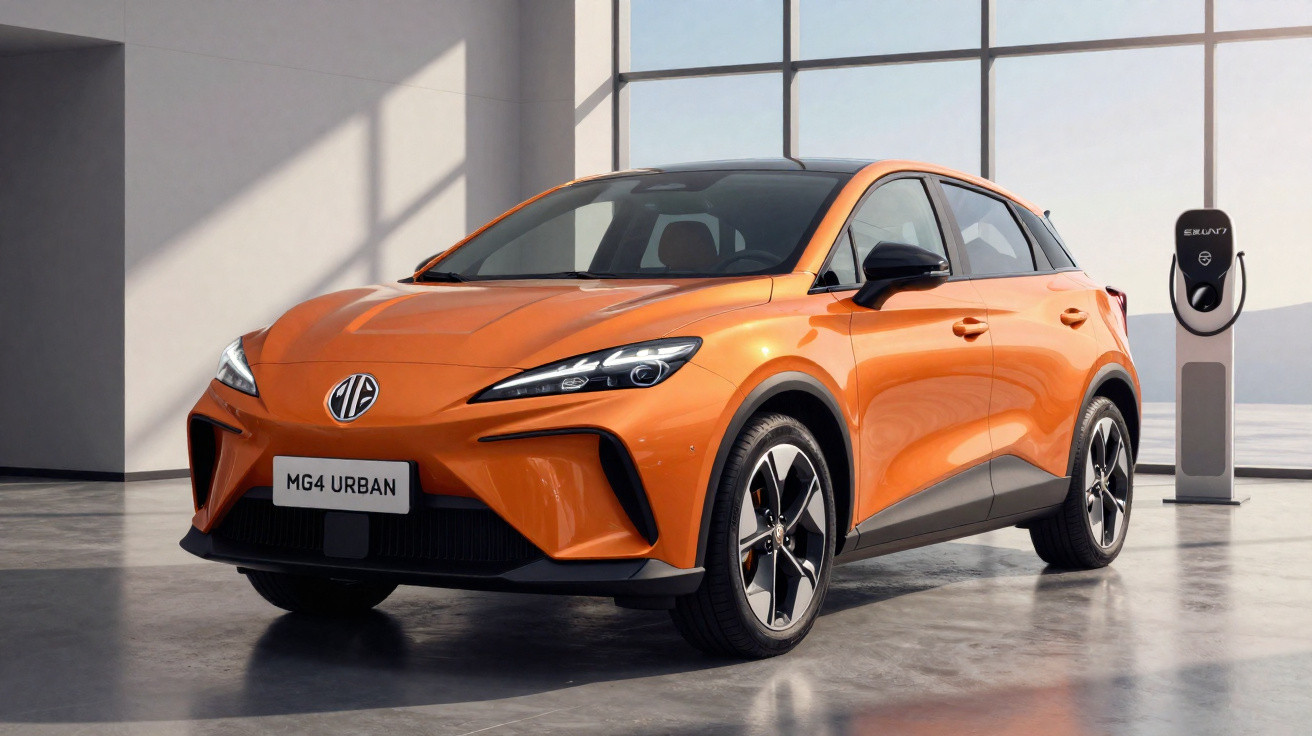 Carro elétrico laranja MG4 Urban estacionado em garagem moderna com carregador elétrico ao fundo.