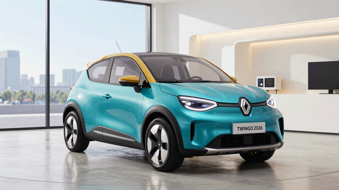 Carro elétrico Renault Twingo 2026 azul com teto amarelo exibido em ambiente moderno e minimalista.