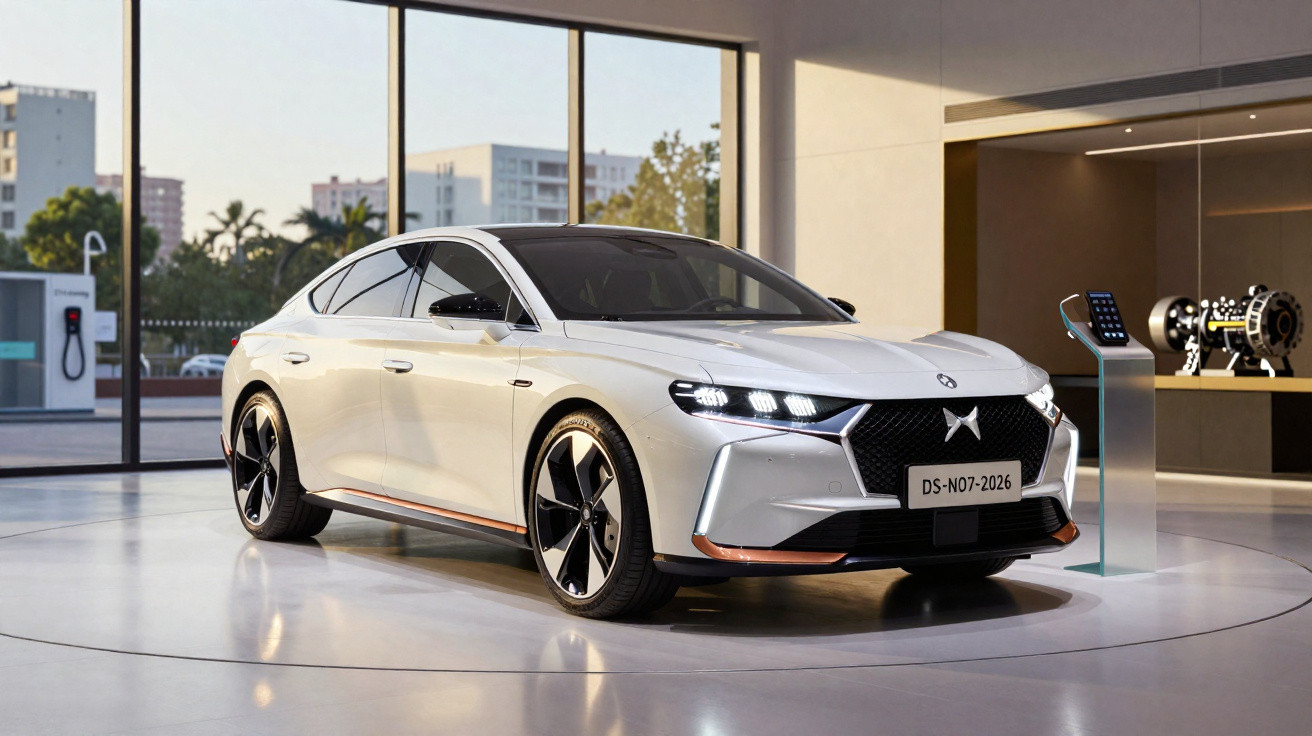 Carro elétrico DS branco em exposição moderna com teto solar e rodas esportivas pretas e prateadas.