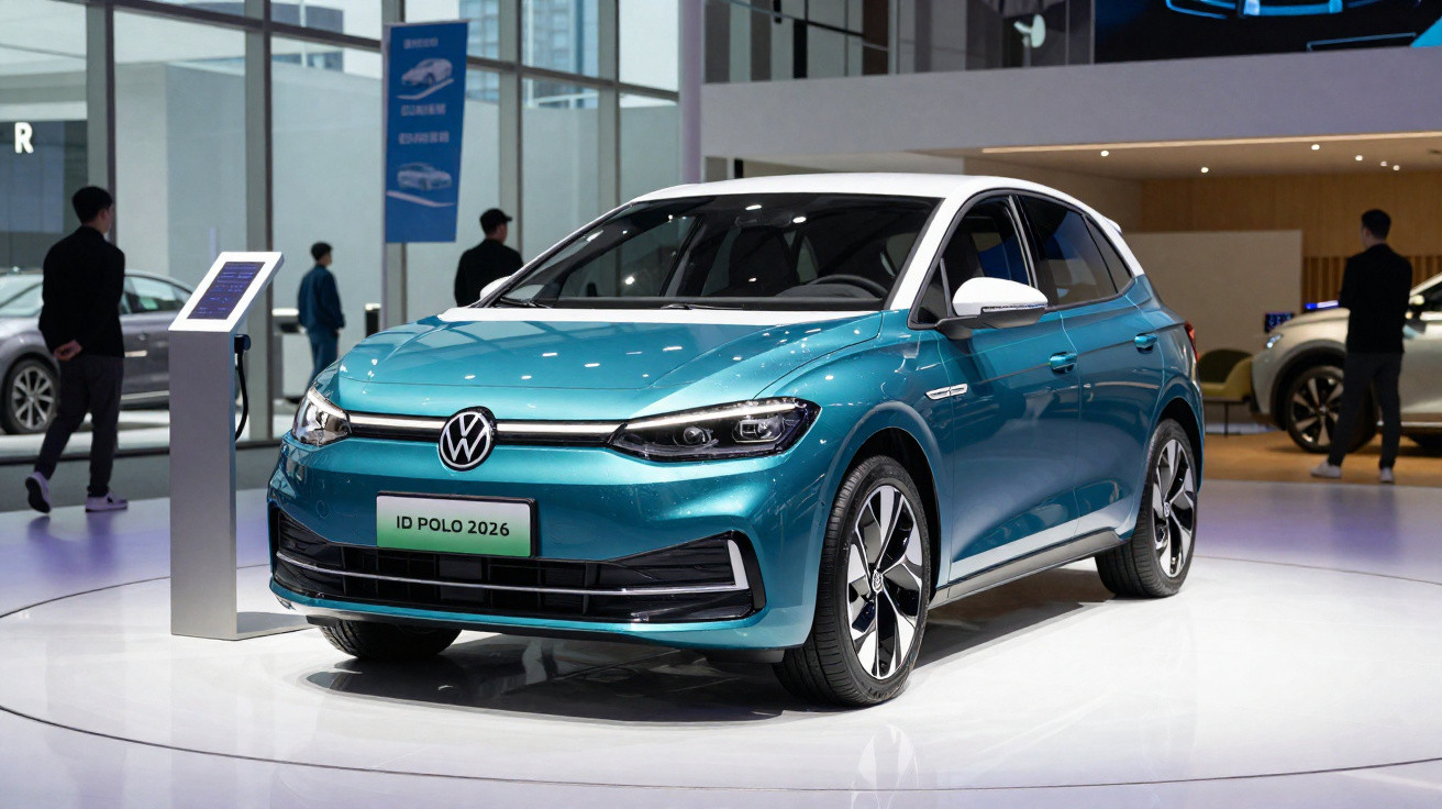 Carro Volkswagen ID Polo 2026 azul com teto branco exposto em salão automotivo moderno.