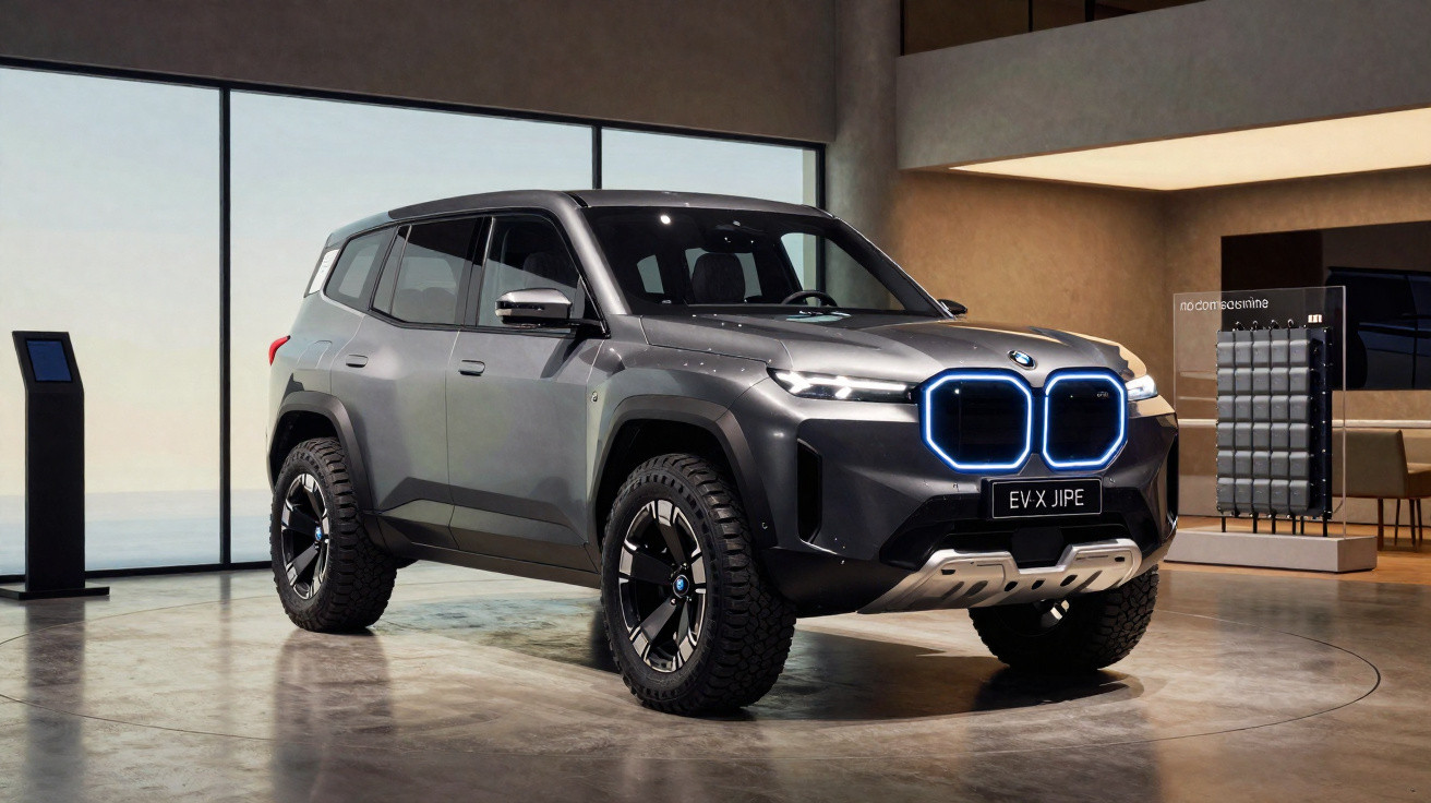Carro SUV elétrico cinza BMW EV X JIPE exibido em ambiente moderno e iluminado com detalhes em LED azul.