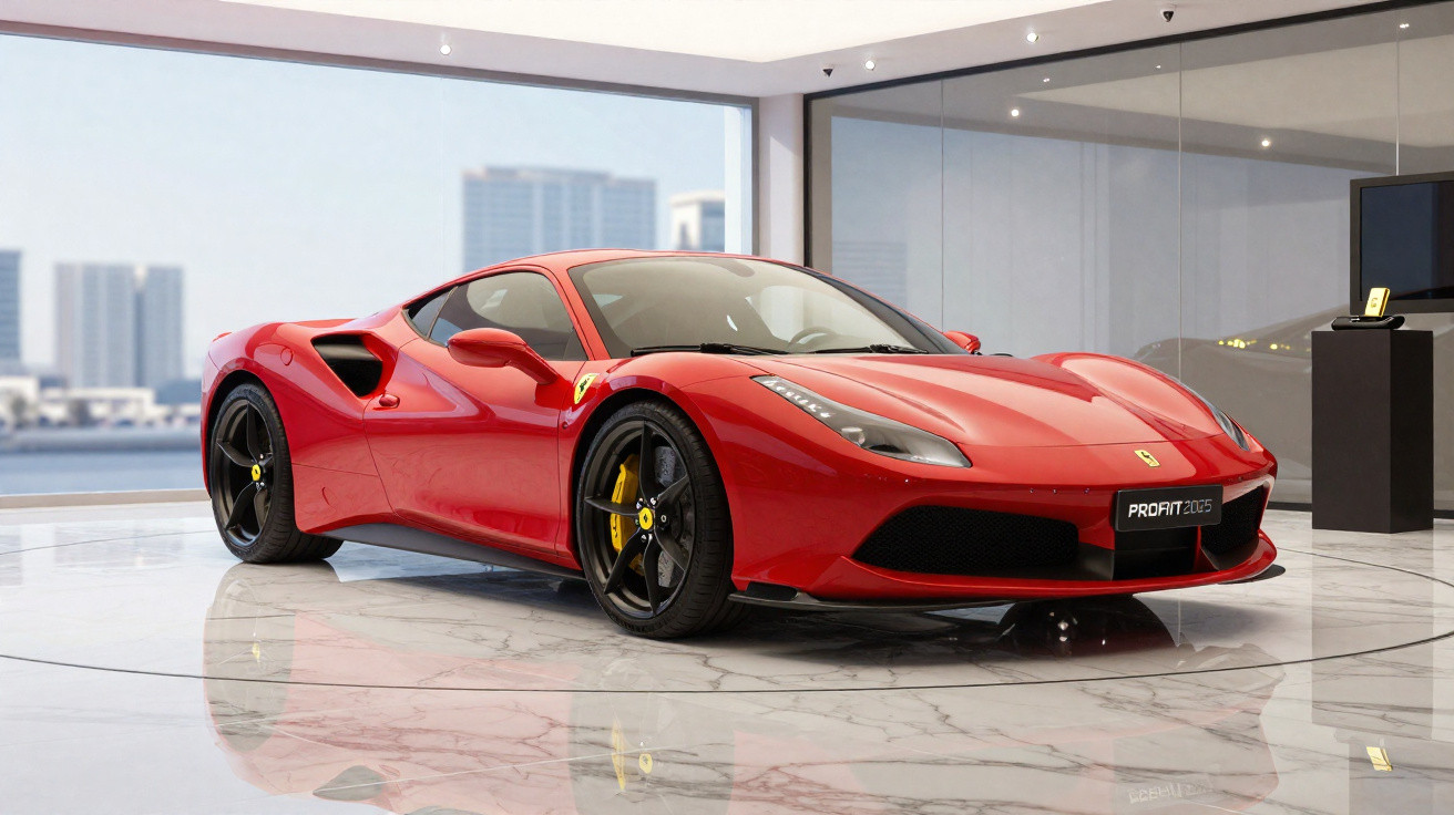 Carro esportivo Ferrari vermelho brilhante em showroom com piso de mármore e vista de cidade ao fundo.