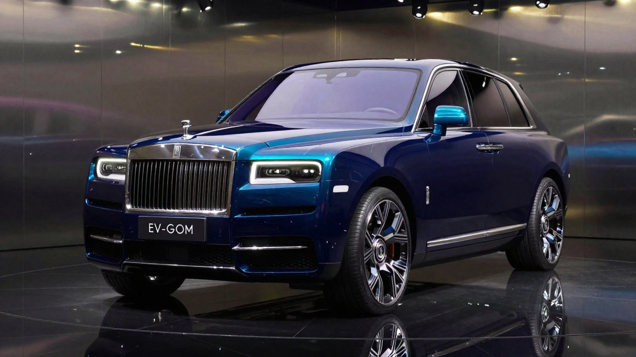 Carro azul escuro de luxo Rolls-Royce EV-GOM exibido em ambiente interno com iluminação moderna.