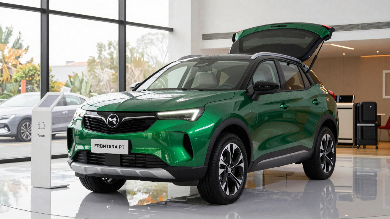 Carro SUV verde Opel Frontera PT exposto em showroom com porta traseira aberta.