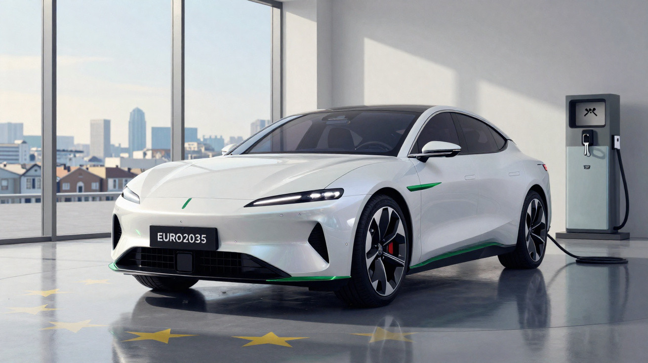 Carro elétrico branco estacionado em garagem moderna com painel de carregamento ao fundo.